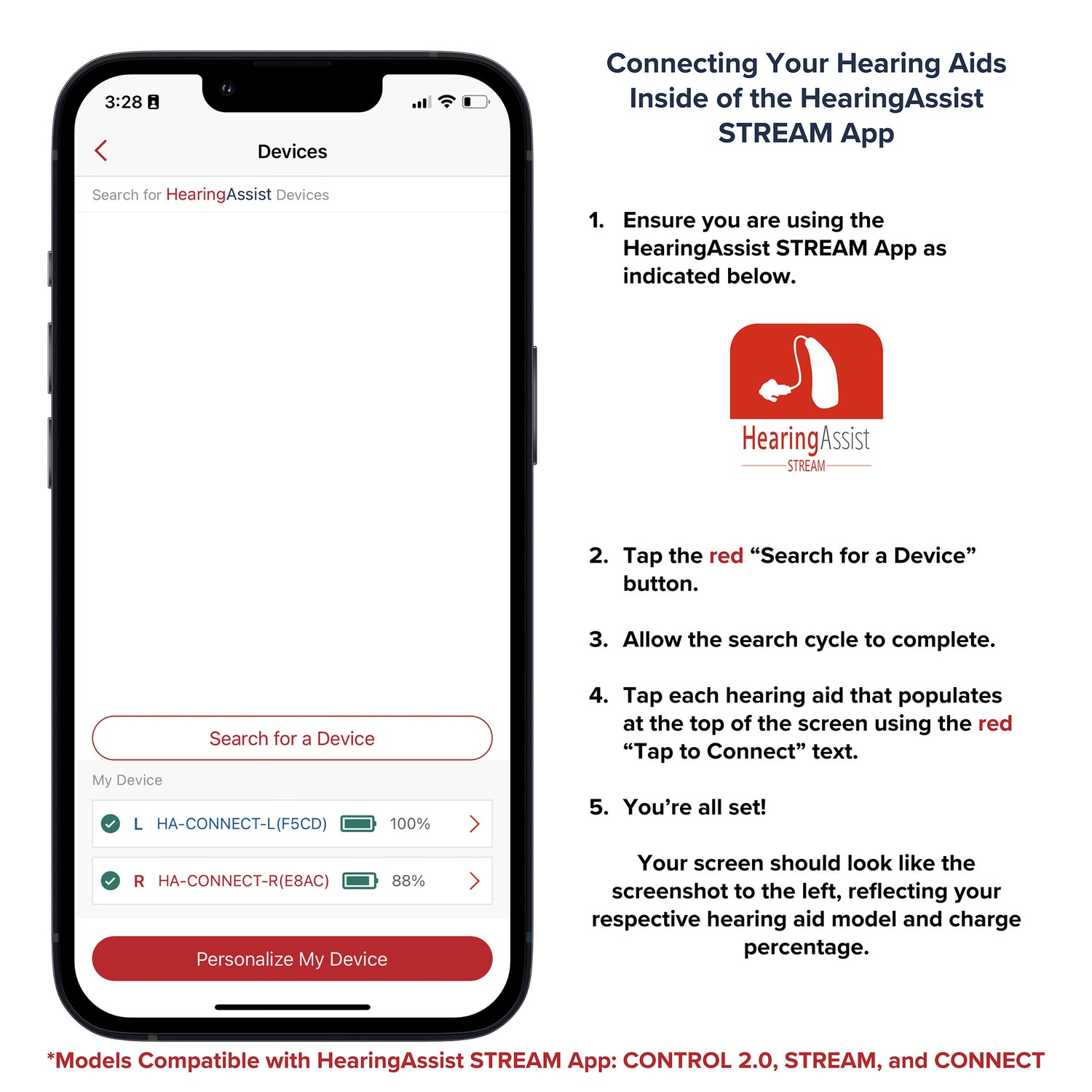 CONNECT ITE Rechargeable OTC Hearing Aid Kit with Bluetooth Streaming & App Personalization